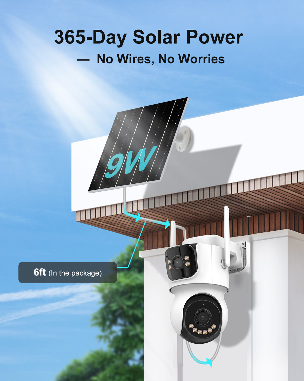 9W solar panel mounting with 6ft charging cable for 365-day solar power