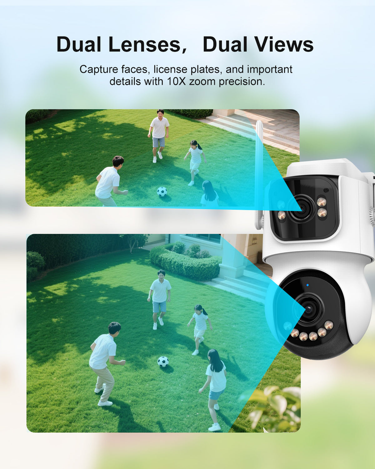 Two cameras in one: one static wide lens plus one 360 degree pan and tilt lens