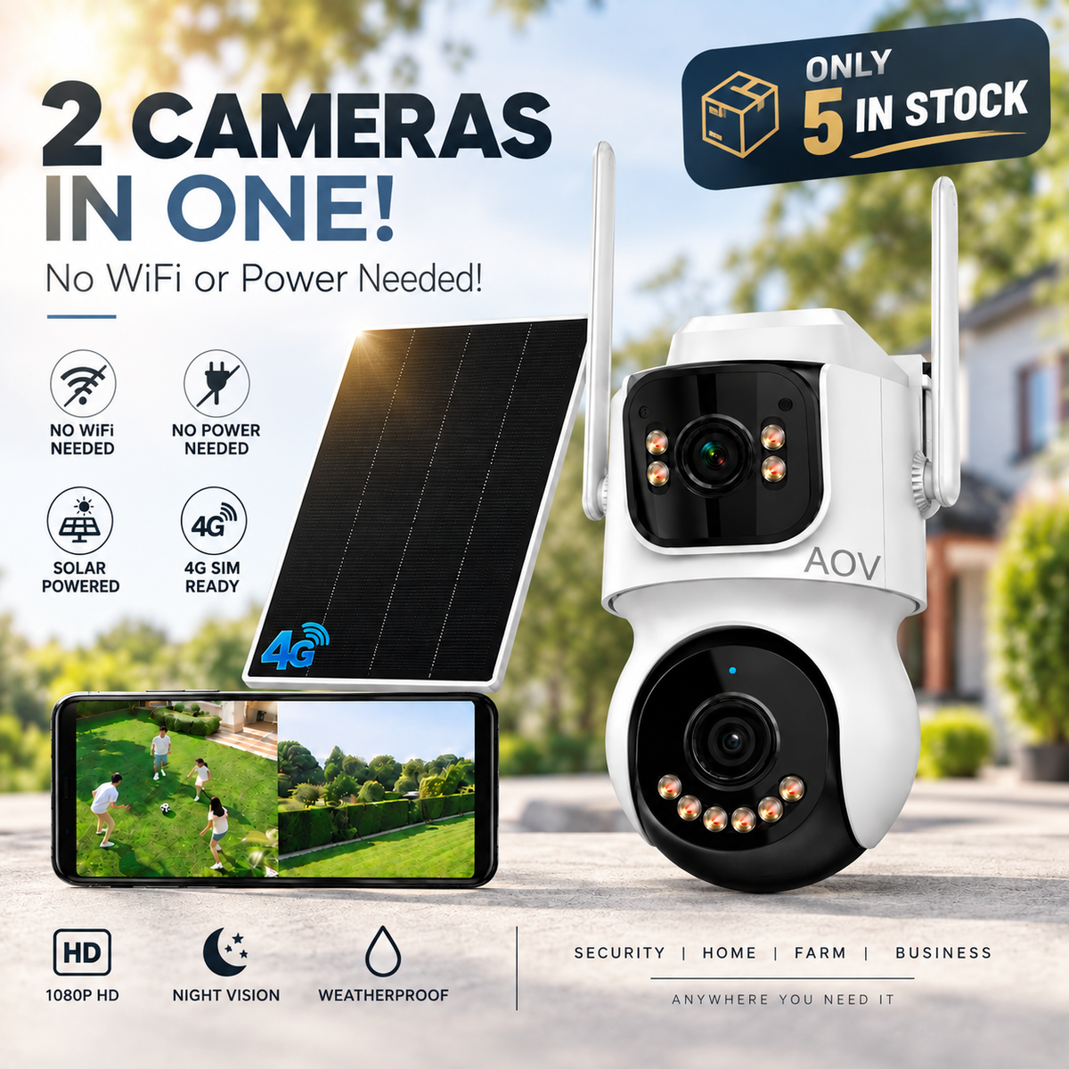 Two Cameras In One - ANY Location 4G Camera - No WiFi Or Power Needed - One Fixed Lens + One 360° Lens - Inc VAT