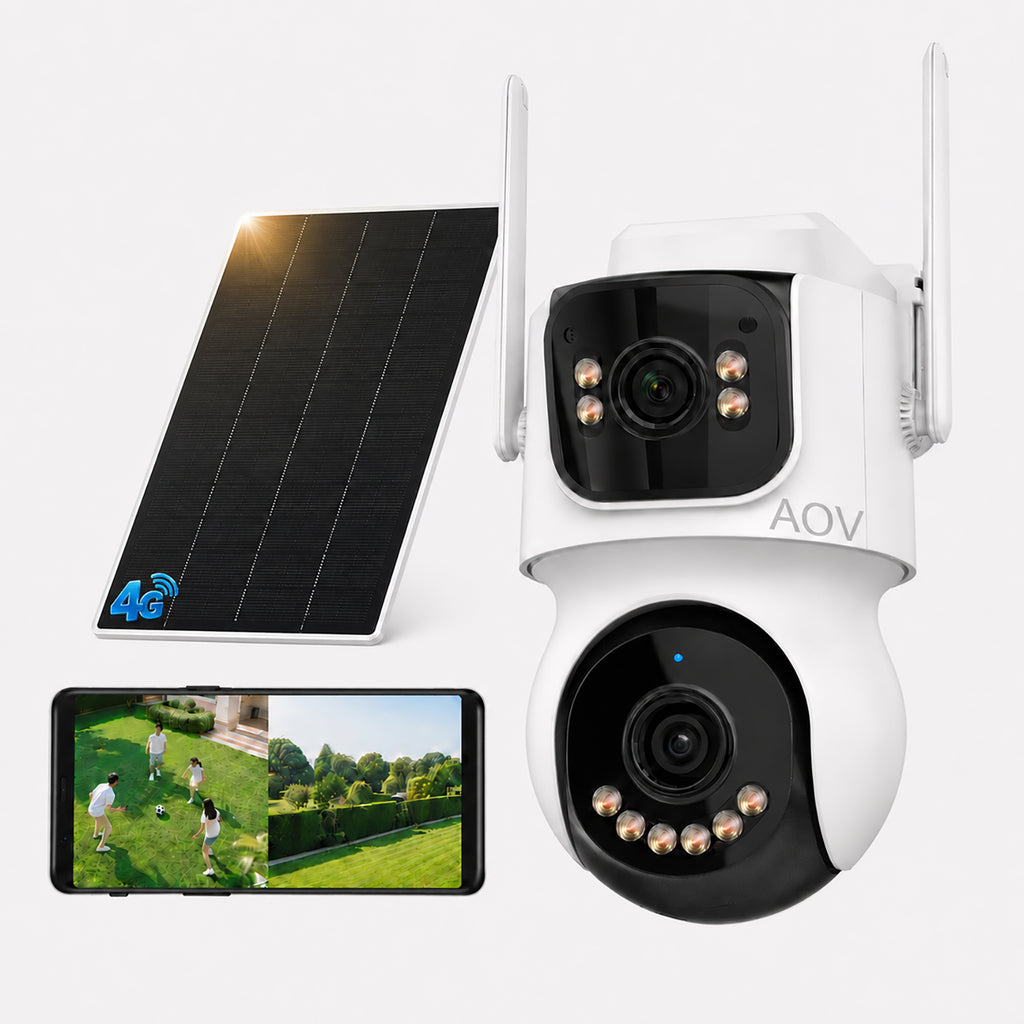 White 4G dual-lens solar security camera with solar panel and phone app view