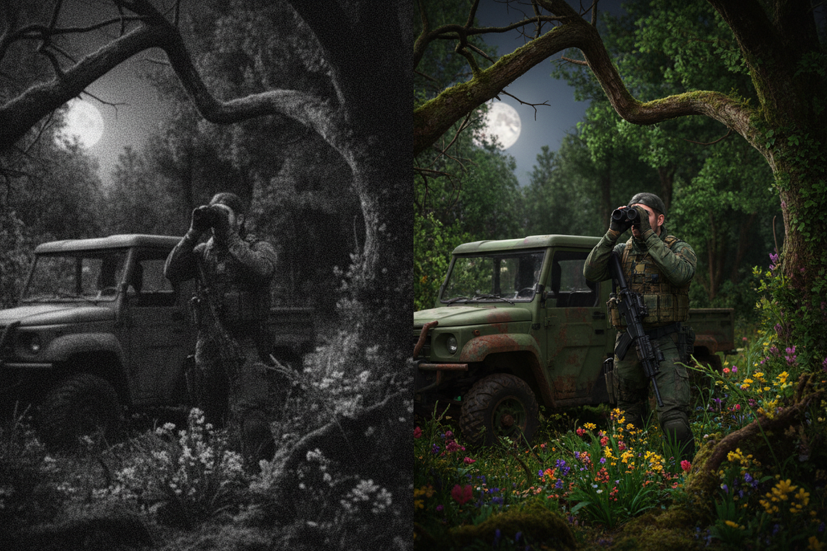 Left side: Traditional night vision in grainy black-and-white
Right side: Full-color night vision — vivid greens, natural skin tones, clear objects