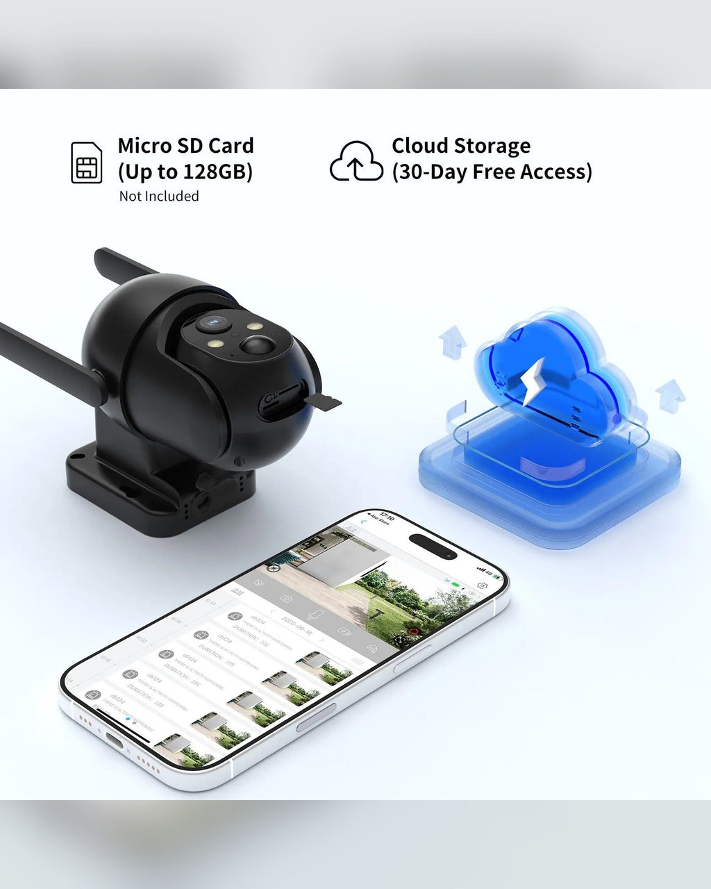 Micro SD card up to 128GB (card not included) and cloud storage with 30-day free access