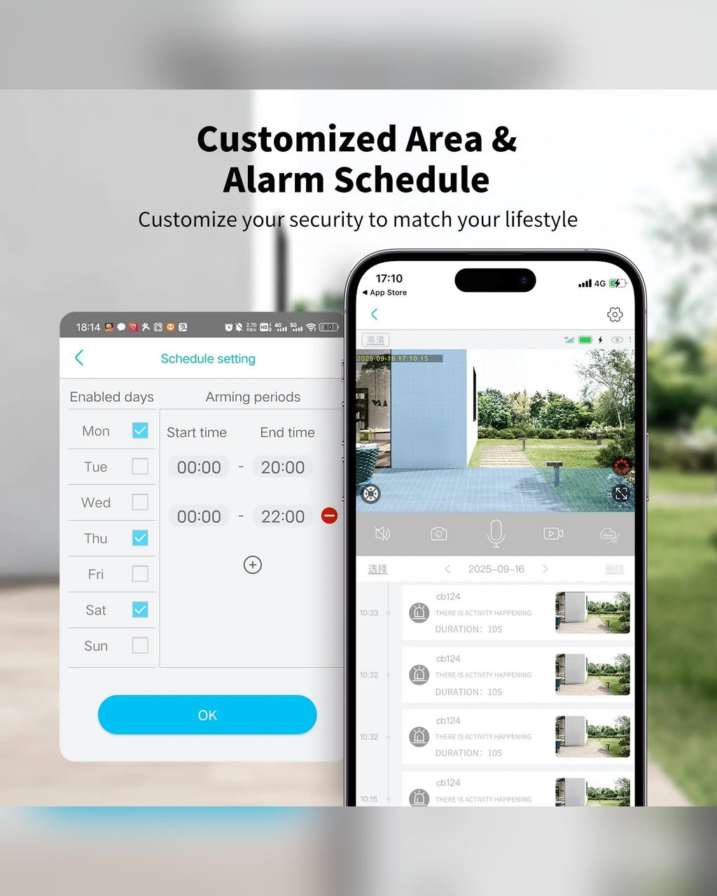 Customisable detection area and alarm schedule in the app