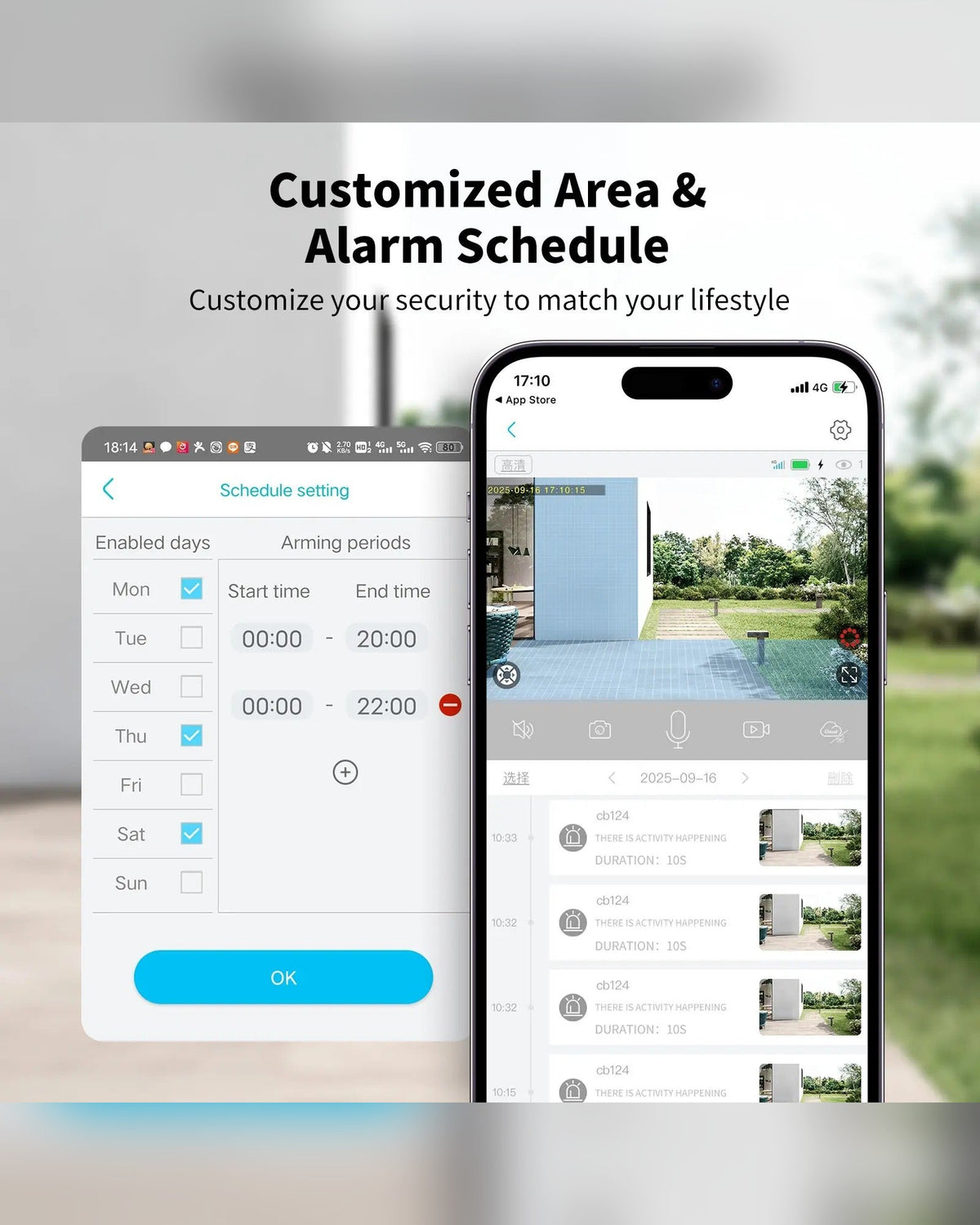Customisable detection area and alarm schedule in the app